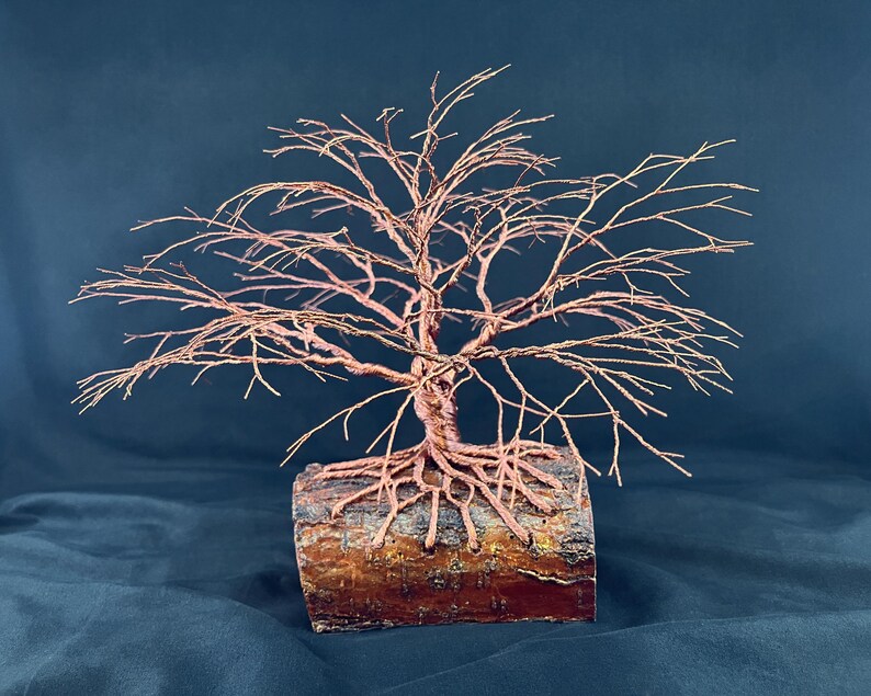Puede incluir: Una escultura de &aacute;rbol hecha de alambre de cobre fino, con ramas intrincadas y un tronco que se extiende en ra&iacute;ces visibles. Las ra&iacute;ces est&aacute;n ancladas en una pieza rectangular de madera natural con una superficie de corteza rugosa.