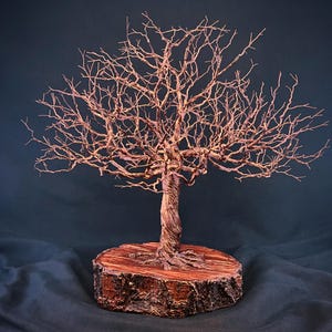 May include: A copper wire sculpture of a leafless tree with a twisted trunk and intricate, spreading branches. The sculpture is mounted on a circular, reddish-brown wooden base with visible bark texture around the outer edge of the wood.