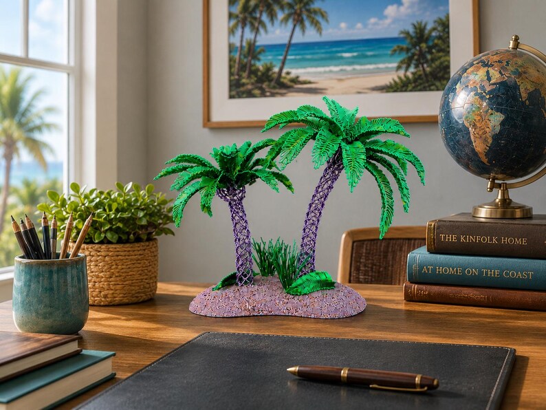 May include: A decorative sculpture featuring two palm trees with vibrant green fronds and textured purple trunks, set upon a small, rounded, light purple base. The sculpture includes small green grass-like accents at the base of the two palm trees.