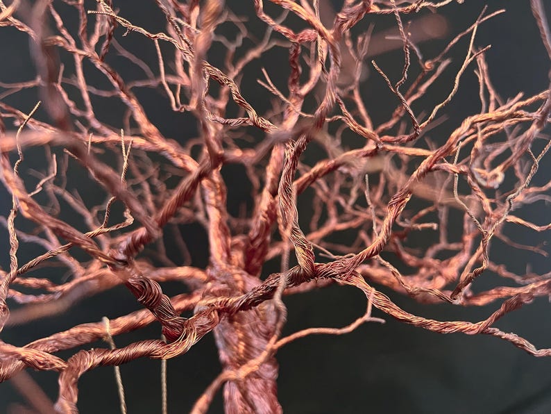 May include: A sculpture of a tree crafted from thin, metallic copper wire. The structure features a central trunk that branches out into numerous fine, twisted wire limbs, mimicking the appearance of bare tree branches in a dense, intricate network.