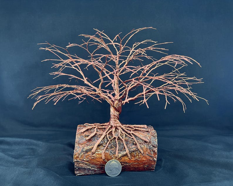 Puede incluir: Una escultura de alambre de cobre de un &aacute;rbol con ramas intrincadas y ra&iacute;ces expuestas envueltas alrededor de una base de tronco de madera cil&iacute;ndrica. Una moneda est&aacute; colocada en la base para dar escala, midiendo 24,26 mil&iacute;metros de di&aacute;metro.