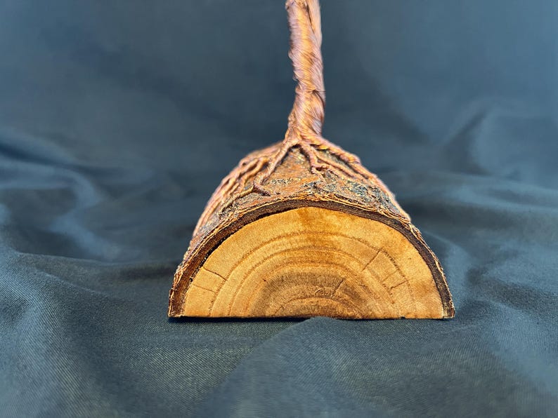 Puede incluir: Una base de madera semicircular con un exterior de corteza rugosa y texturizada y una secci&oacute;n transversal lisa de color claro que muestra anillos de crecimiento visibles. Una fina estructura de alambre de cobre trenzado se eleva.