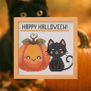 Pumpkin Happy Halloween Cross Stitch Pattern – Digital PDF, Counted Cross Stitch Chart, Instant Download, Embroidery Pattern, black cat