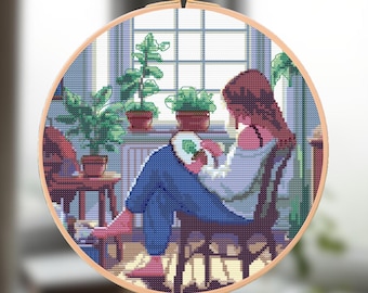 Cosy Girl Cross Stitch Pattern - Modern Embroidery (Digital PDF)