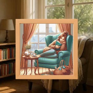 Könnte beinhalten: Ein gerahmtes Kunstwerk zeigt eine Person, die sich in einem türkisfarbenen Sessel entspannt und ein Buch liest. Ein kleiner Tisch trägt eine Teekanne und eine Tasse. Ein Korb mit Garn steht daneben. Das Kunstwerk ist in einem hellbraunen Holzrahmen gerahmt.