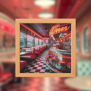 May include: A framed print of a retro diner interior. The scene features red booths, a checkered floor, and a neon "Diner" sign. The image has a vintage aesthetic, with warm red and orange tones dominating the color palette.