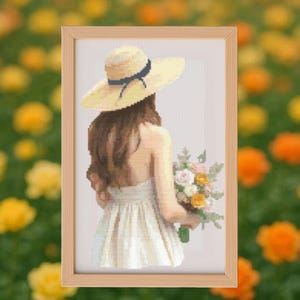 Mädchen mit Blumen Kreuzstichmuster - digitale PDF, Kreuzstichvorlage, sofortiger Download, Stickmuster, Frau, Blumenmuster