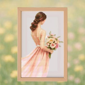 Girl Holding Flowers Cross Stitch Pattern – Digital PDF, Counted Cross Stitch Chart, Instant Download, Embroidery Pattern, Woman, Floral