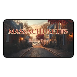Massachusetts Harbor Street Desk Mat | The Bay State Autumn Mouse Pad | Historic Cobblestone Landscape | 12x22 or 16x32