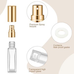 May include: A clear, square glass spray bottle with a gold cap and nozzle. The image includes callouts for a premium spray nozzle, a white leak-proof gasket, and the transparent high-impact glass construction of the bottle base.