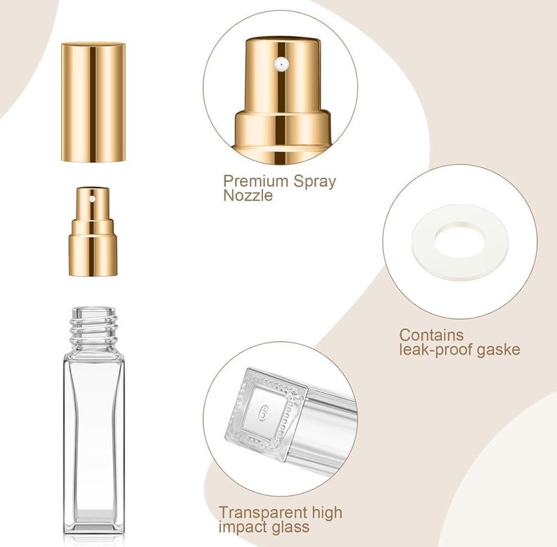 May include: A clear, square glass spray bottle with a gold cap and nozzle. The image includes callouts for a premium spray nozzle, a white leak-proof gasket, and the transparent high-impact glass construction of the bottle base.