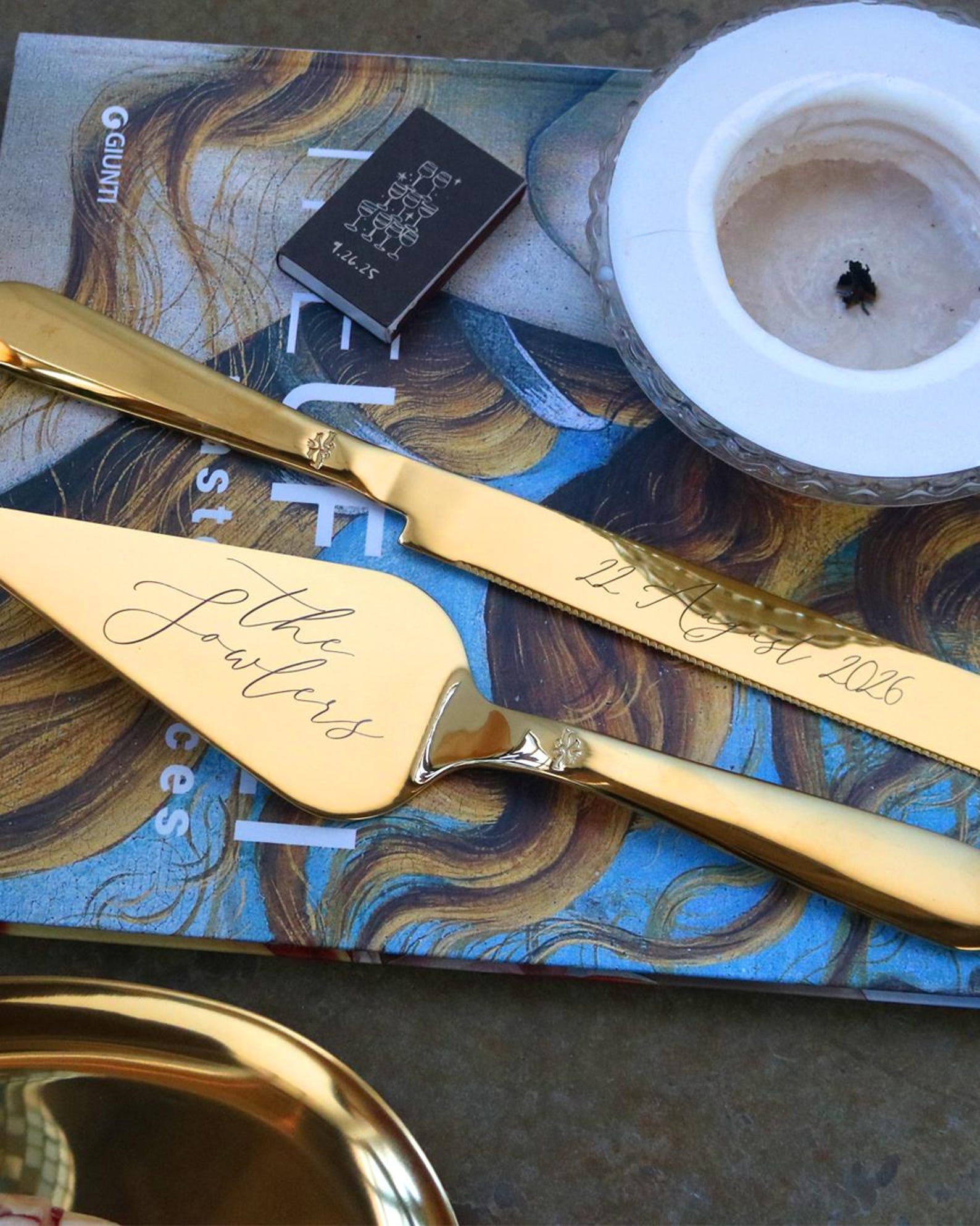 Personalized Gold Cake Cutting Knife Server Set, Engraved Wedding Keepsake Anniversary Gift - Knife + Server, 2.