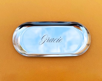 Personalized Gold or Silver Oval Trinket Tray, Minimalist Jewelry Dish