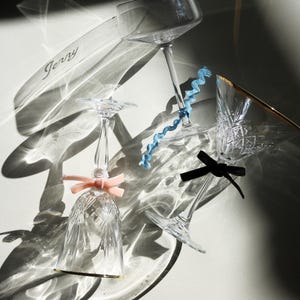 Op de afbeelding: Een assortiment elegant glaswerk, waaronder champagneglazen en een tumbler, gerangschikt op een lichte ondergrond. Sommige glazen zijn versierd met decoratieve linten in roze, blauw en zwart. Een helder acryl stuk met de naam "Jerry" is ook aanwezig.