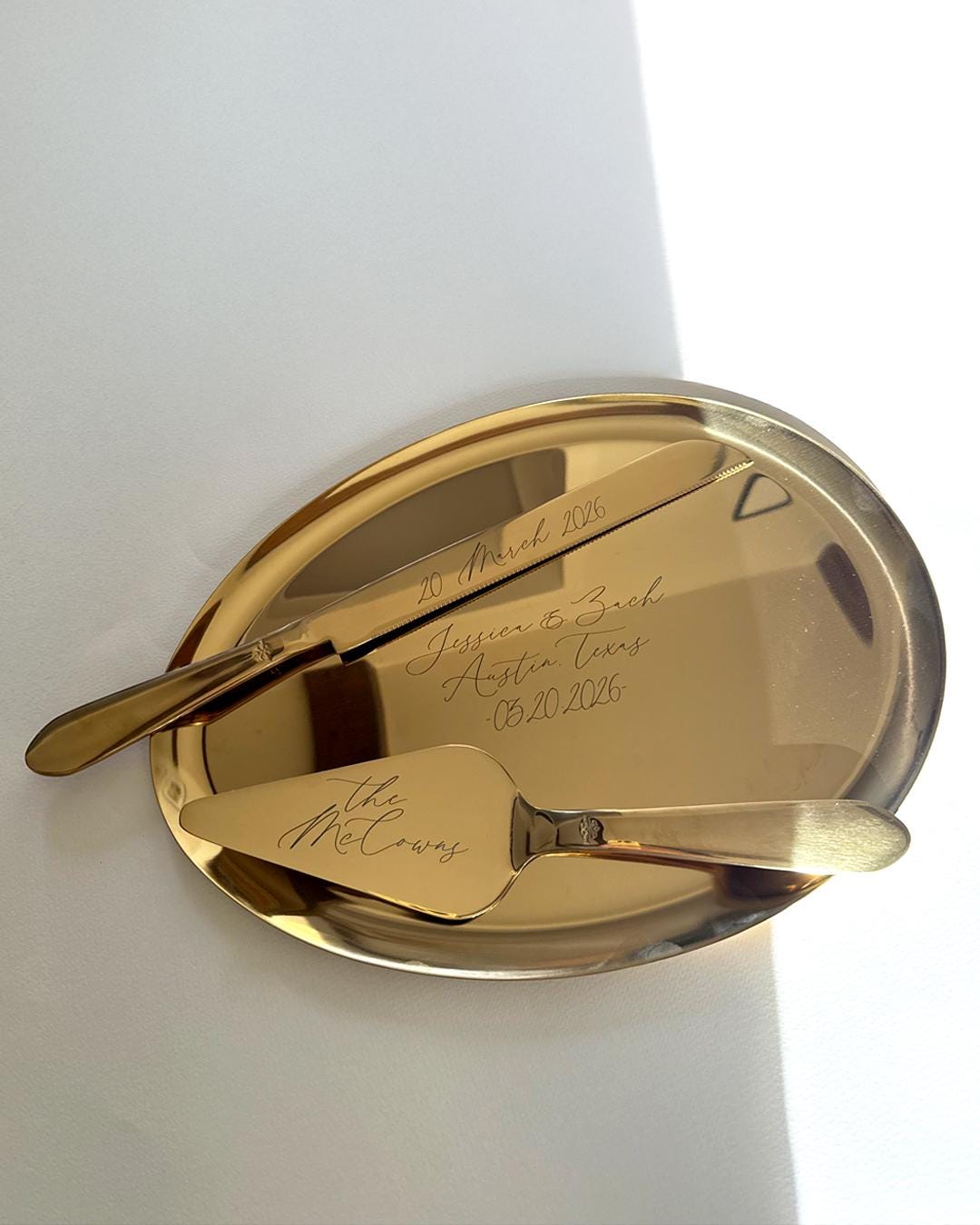 Personalized Gold Cake Cutting Knife Server Set, Engraved Wedding Keepsake Anniversary Gift