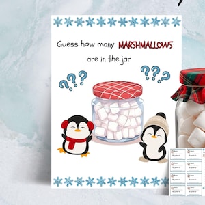 May include: A game set with the text "Guess How Many Candies." The set includes a jar filled with marshmallows, a sign with penguins, and guess cards. The jar has a red and green plaid lid.