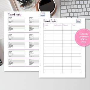 Könnte beinhalten: Zwei weiße Passwort-Tracker-Blätter mit lila Akzenten und einem Laptop-Symbol. Ein Blatt ist vorgefüllt, das andere ist leer. Ein rosa Kreis mit dem Text "Instantly Download PDF to Print" befindet sich auf dem rechten Blatt.