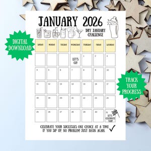 May include: A digital download calendar for January 2026, designed for a Dry January Challenge. The calendar features a grid layout with spaces to track progress, and includes the text "Let's Go!" and "Track Your Progress."