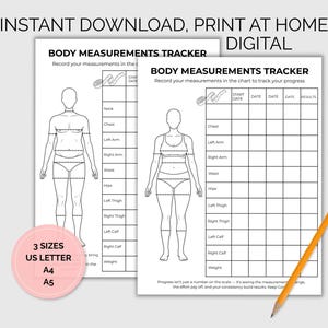 Può includere: Tracker di misurazioni corporee stampabile in bianco e nero, con un contorno di figura femminile e sezioni di misurazione. Include il testo "Download istantaneo, stampa a casa digitale" e "Tracker di misurazioni corporee".