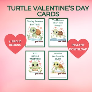 Turtle Valentine Printable Cards, Preschool Valentines for Classroom, Non Candy Valentines, School Valentine Tags, Valentine Turtle Cards