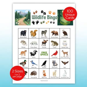 May include: A Wildlife Bingo game sheet featuring illustrations of various animals, including a black bear, squirrel, and bald eagle. The sheet includes the text "Wildlife Bingo", "100 Unique Cards", and "2 Sizes 1 or 2 per page".