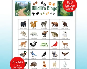 Animal Bingo Game, 100 Printable Bingo Cards, Nature Study Game for Kids, Printable Bingo Game for Family Game Night, Road Trip and Camping