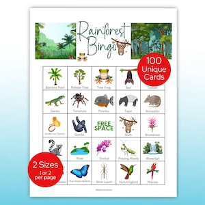 May include: A white sheet of paper with a colorful Rainforest Bingo game. The game includes illustrations of rainforest animals and plants, with the text "Rainforest Bingo" at the top. The game has 100 unique cards and is available in 2 sizes.