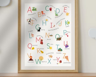 Colorful Spanish Alphabet Poster | Alfabeto Español | Playroom Wall Art | Children's Nursery ABC Bright Illustrated Print | Printable Poster