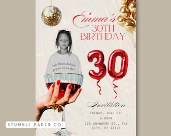 30th Birthday Invitation Template | Editable Gold Balloon Birthday Invite | Disco 30th Canva Template | Custom Photo Party Invite | Retro