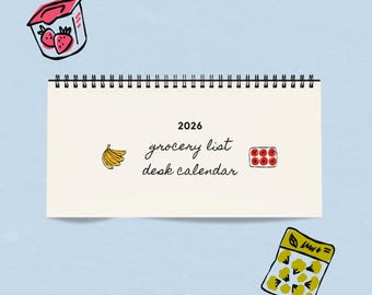 2026 Grocery List Desk Calendar | Minimal Desktop Planner | Spiral Bound Counter Calendar | 10x5 Desk Calendar