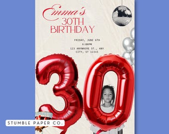 30th Birthday Invitation Template Canva Editable | Custom Disco Birthday Invite | Balloon Photo Collage Invite | Includes Video Guide