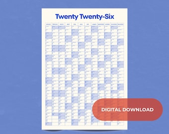 2026 A1 Wall Calendar Printable | Yearly Wall Planner | Large Minimal Modern Calendar | Digital Download | Classic Blue