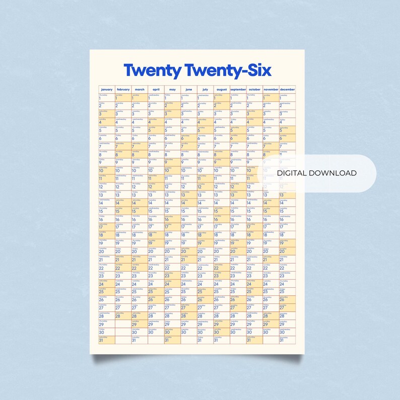 2026 A1 Wall Calendar Printable | Yearly Wall Planner | Large Minimal ...