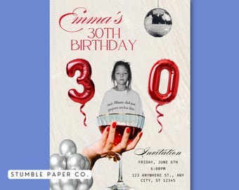 Disco 30th Birthday Invitation Template | Editable Balloon Birthday Invite | Funny Retro Canva Template | Custom Collage Photo Party Y2K