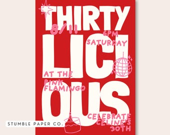 30th Birthday Invitation Template | Thirty Licious Party Invite | Editable Disco Birthday Canva Template | Retro Funny Birthday Invite