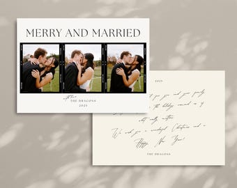 Merry & Married Film Strip Christmas Card | Vintage Photo Holiday Card | Minimal Modern | Black and White | Minimalist Polaroid | Template