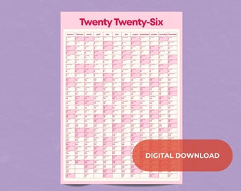 2026 A1 Wall Calendar Printable | Yearly Wall Planner | Large Minimal Modern Calendar | Digital Download | Pink & Red