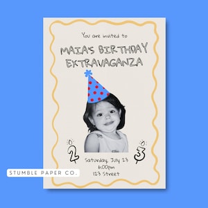 May include: A cream-coloured birthday invitation featuring a child's photo wearing a party hat. Text reads "You are invited to Maia's Birthday Extravaganza." Details include the date, time, and address. The invitation has a decorative, wavy border.