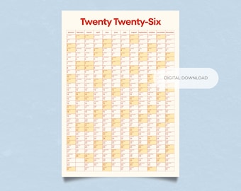 2026 A1 Wall Calendar Printable | Yearly Wall Planner | Large Minimal Modern Calendar | Digital Download | Red & Yellow