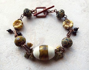 Copper Beaded Bracelet, Rustic Bracelet, Lampwork, Copper Chain, Black, Olive