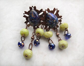 Copper Earrings, Purple Earrings, Jade Earrings, Post Earrings, Blue Earrings, Copper Jewelry, Dangle, OOAK Earrings, Handmade