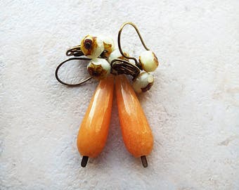 Light Orange Teardrop Earrings, Beaded Peach Earrings, Orange Earrings