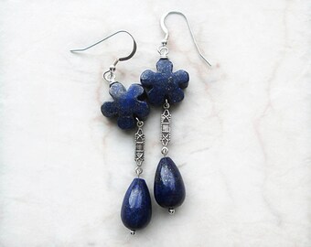 Lapis Earrings, Dark Blue Earrings, Teardrop, Flower Earrings, Lapis Jewelry, Blue Dangle Earrings