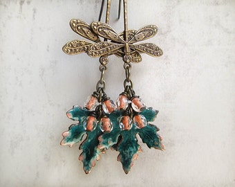 Leaf Earrings, Dragonfly Earrings, Brass Earrings, Teal Earrings, Brass Jewelry