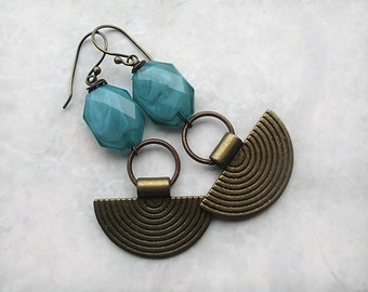 Long Brass Earrings, Boho Earrings, Blue Earrings