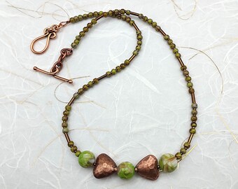 Heart Necklace, Green Necklace, Copper, Short, Choker