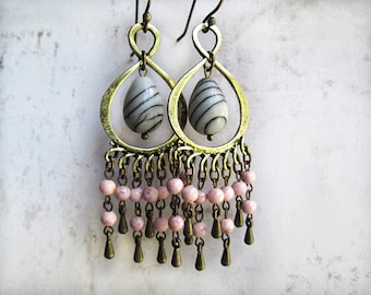 Boho Earrings, Bohemian, Pink Chandeliers, Pink Earrings, OOAK Earrings, Bohemian Jewelry, Dangle, Teardrops, Drops