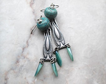 Aqua Earrings, Art Deco Earrings, Silver Earrings,Teal Earrings, Beaded Dangles