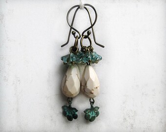 White Teardrop Earrings, Summer Earrings, Patina, OOAK Earrings, Handmade USA