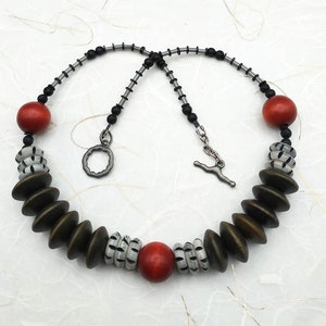 Women, Jewelery, Necklace, Handmade Bead Necklace,  Black and Red Necklace, Chunky, Statement
